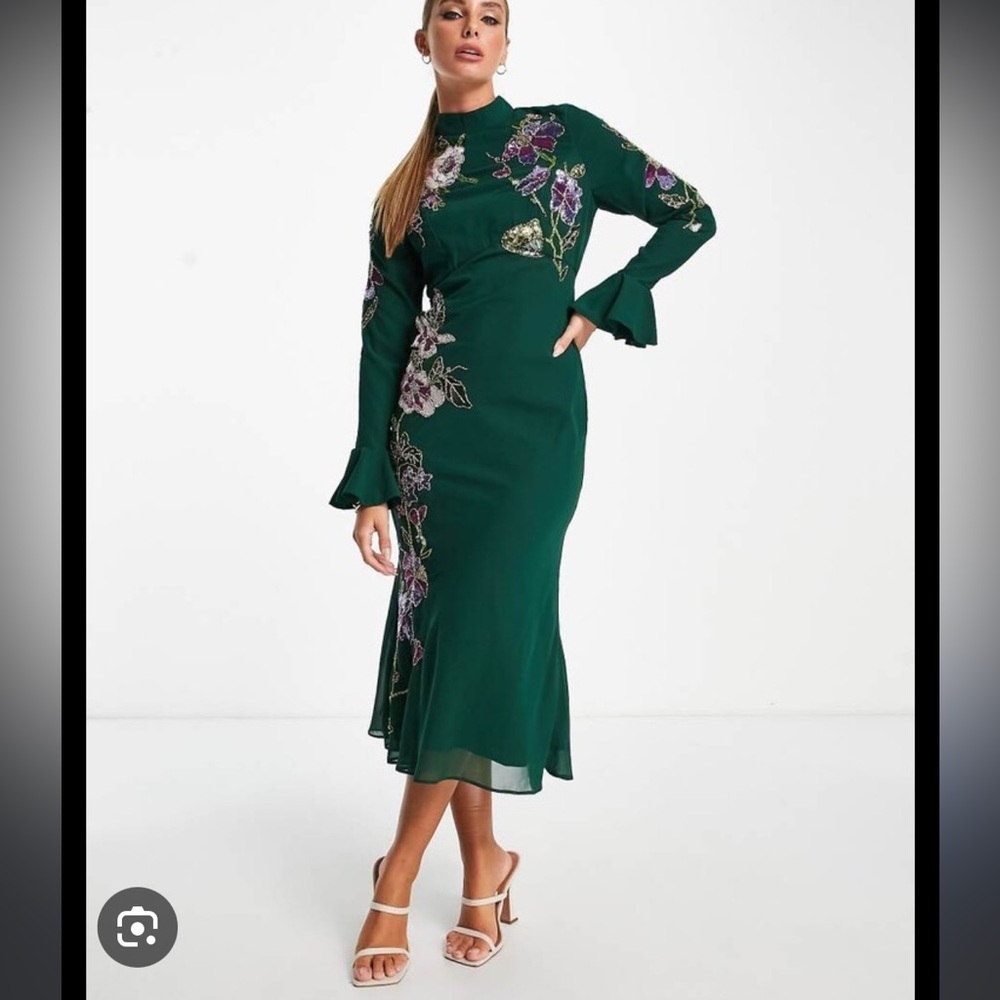 ASOS Green Midi Dress with Pink & Purple Floral Embroidery - Picture 3 of 15
